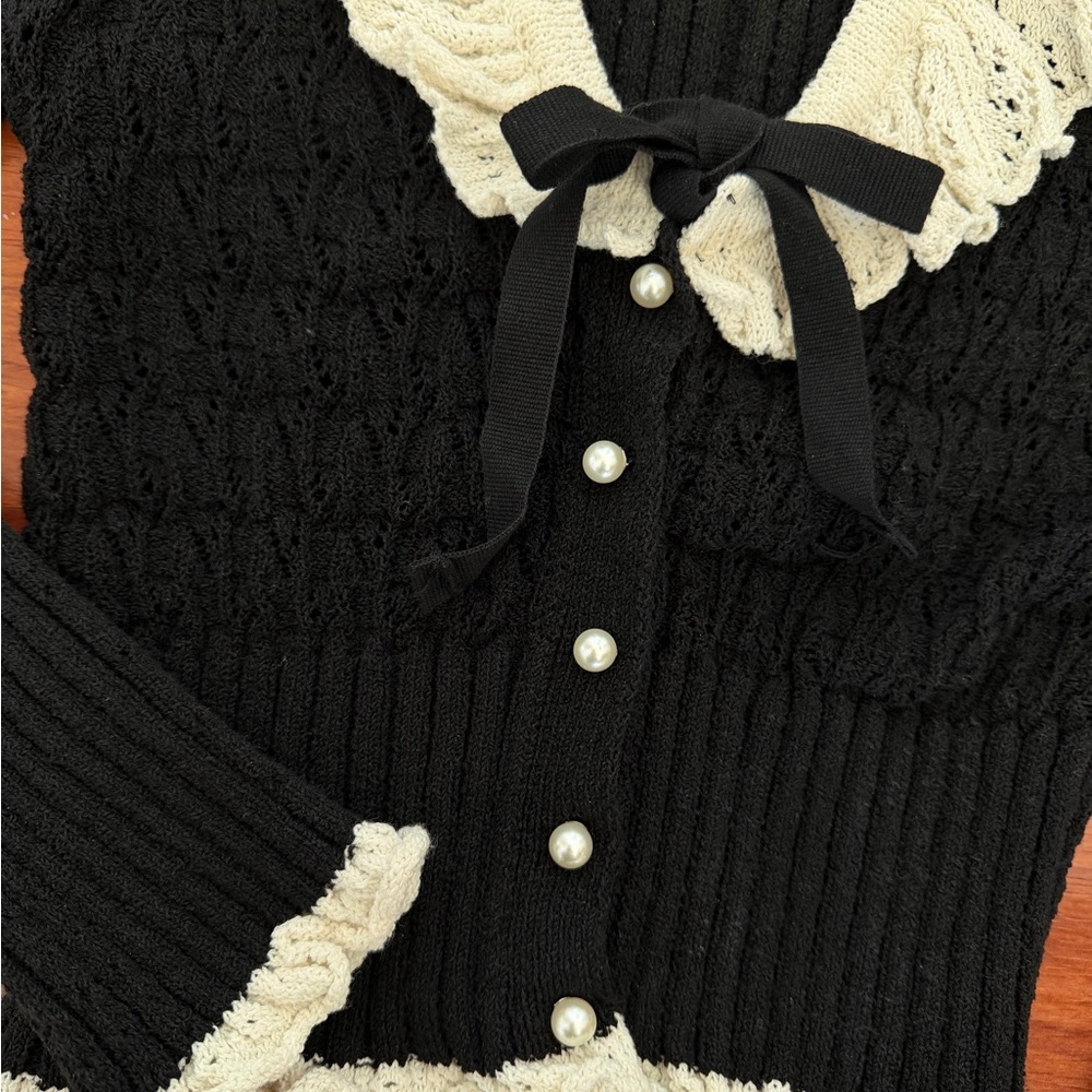 Zara Black Cardigan with white Ruffle Trim - Picture 2 of 7